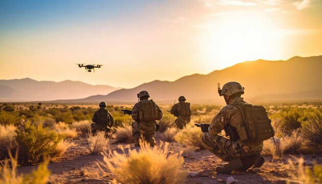 Soldiers using tactical drone in desert terrain at sunset representing modern warfare, surveillance technology and military coordination