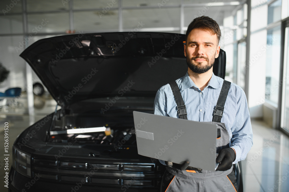 Poster Automotive mechanic running diagnostics software on computer. Mechanic doing vehicle diagnostic test in auto service garage
