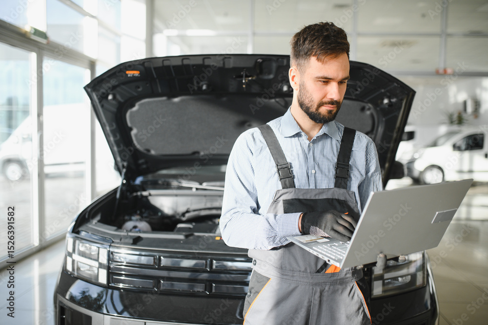 Poster Automotive mechanic running diagnostics software on computer. Mechanic doing vehicle diagnostic test in auto service garage