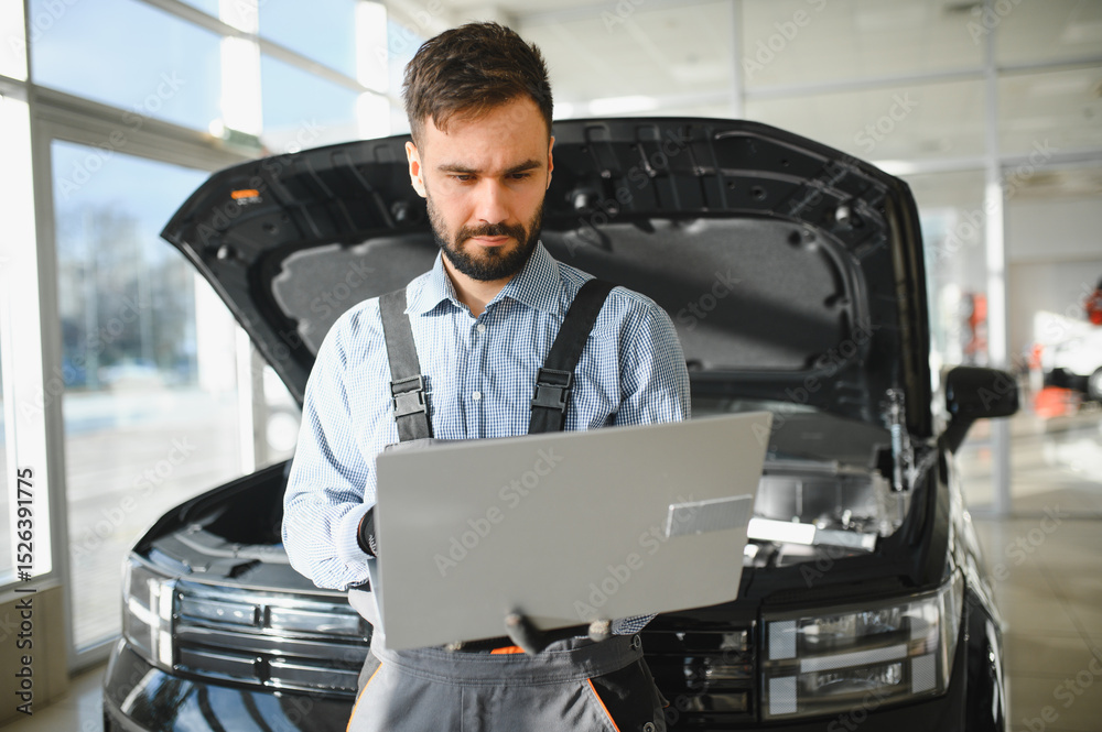 Aufkleber Auto mechanic using computer diagnostic program while repairing car in workshop