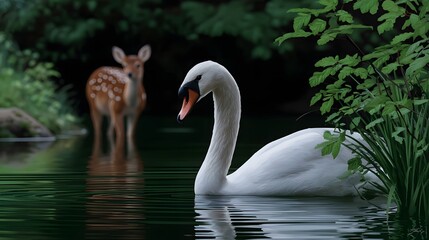 Obraz premium A serene swan and deer in a peaceful forest pond