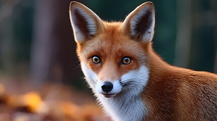 Fototapeta premium Alert red fox in an autumn forest backdrop