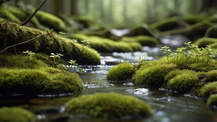 Naklejka premium Tranquil Forest Stream with Moss and Wild Tiny Flowers