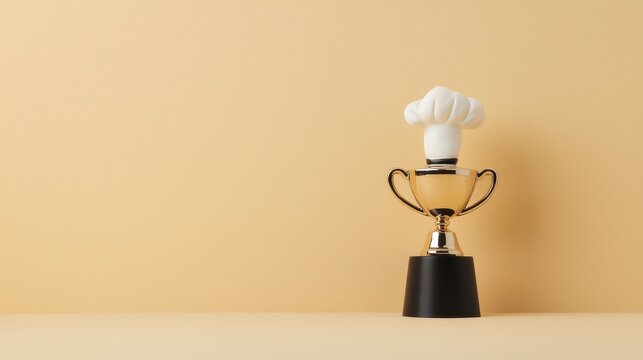 Chef trophy with white hat against a soft peach backdrop representing culinary excellence and achievement in cooking competitions