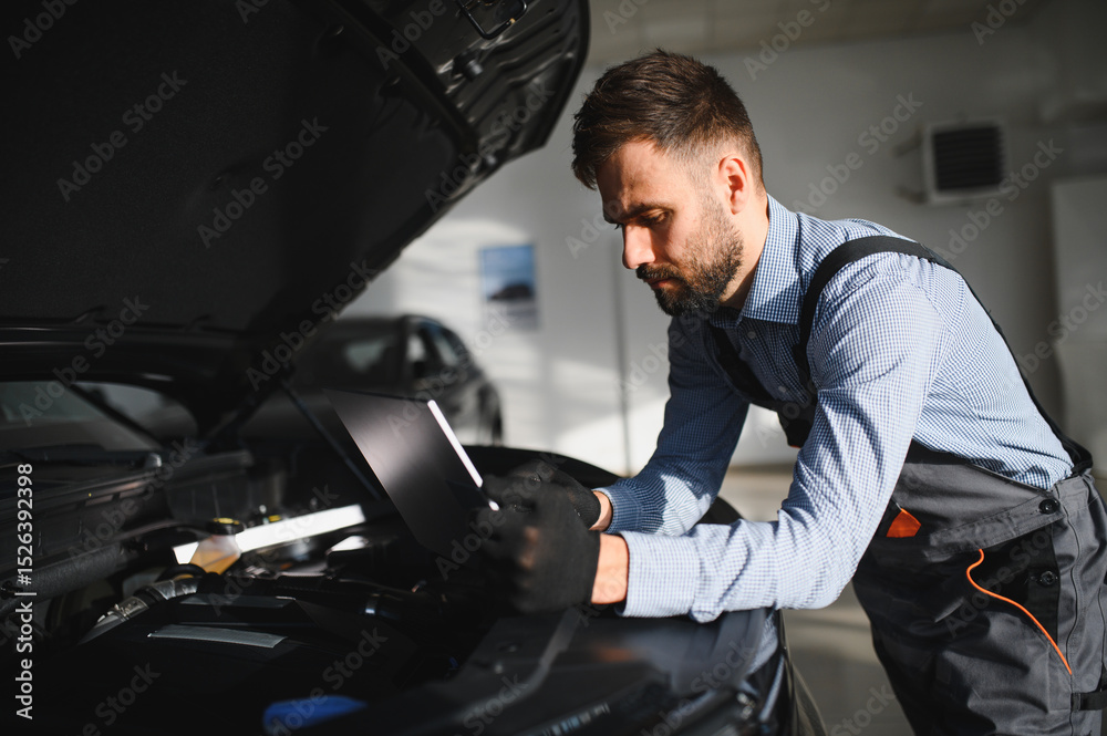 Fototapete Automotive mechanic running diagnostics software on computer. Mechanic doing vehicle diagnostic test in auto service garage