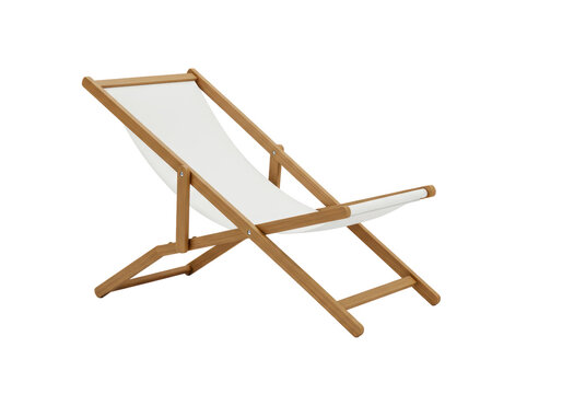 Isolated Wooden Deck Chair with White Canvas