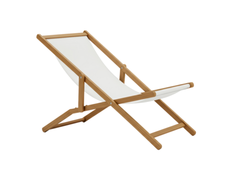 Isolated Wooden Deck Chair with White Canvas