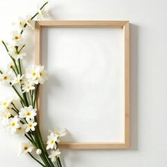 Golden picture frame surrounded by fresh white flowers, green leaves on white backgroun