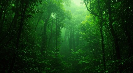 Fototapeta premium Emerald Canopy Mistkissed jungle trees pierce the luminescent sky
