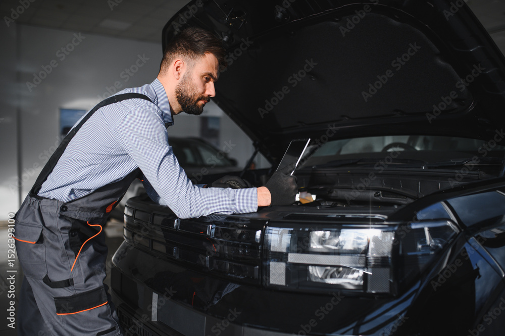 Aufkleber Mechanic Uses a Computer with an Augmented Reality Diagnostics Software. Specialist Inspecting Car's Engine to Quickly Spot Broken Components. Premium Car Service