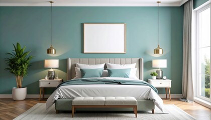 Serene bedroom interior with teal accents gold pendant lights and a blank canvas
