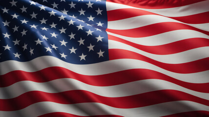 Fototapeta premium A richly textured close-up of the American flag, showcasing its bold red, white, and blue colors and the classic stars and stripes, symbolizing enduring national spirit.