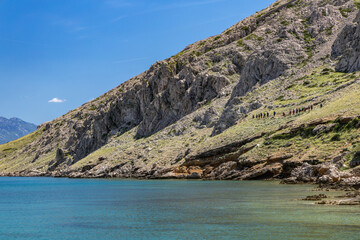 Panorama of the bay with the Vela Luka beach below, view of the beach from the top of the mountain, rocky beach
