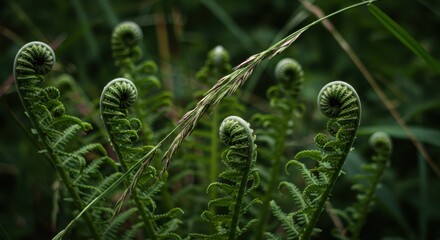 Fern Fiddleheads Unfurling A verdant tapestry of coiled beauty in a lush tranquil setting