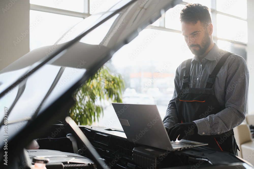 Poster Automotive mechanic running diagnostics software on computer. Mechanic doing vehicle diagnostic test in auto service garage