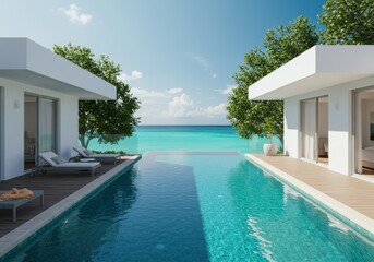 Fototapeta premium Infinity pool between villas overlooking turquoise ocean and sky