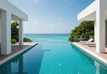 Fototapeta premium Infinity pool overlooking the ocean at a modern villa on a sunny day