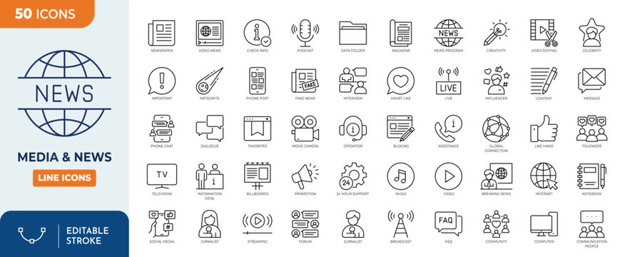 Media and news icon set. Containing News, Television, blogging, social media, video, promotion, and more. Outline Icon Collection. Editable stroke. Vector illustration	