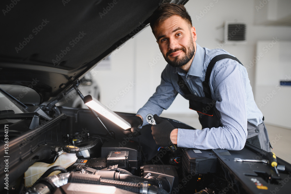 Poster Troubleshooting process. Auto mechanic working in garage. Repair service