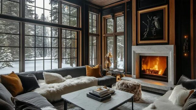 Classic modern interior featuring marble table, cozy sofa, fireplace, and window grids