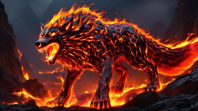 A colossal, fiery wolf creature composed of dark, cracked stone, glowing with intense orange and red flames