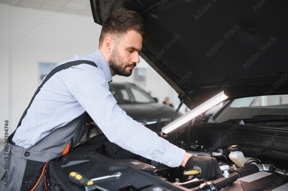 Poster Troubleshooting process. Auto mechanic working in garage. Repair service