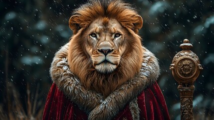 Fototapeta premium A majestic lion clad in a royal velvet cloak exuding power and wisdom