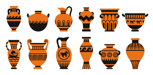 Set of ancient pottery illustrations inspired by Greek ceramics. Traditional terracotta vases, amphoras, and jugs with black decorative patterns. Isolated collection on white background.