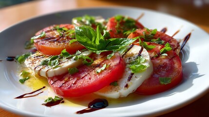 Fresh Caprese Salad with Tomatoes, Mozzarella, and Basil on a White Plate