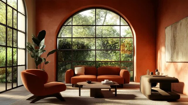 Contemporary interior featuring terra cotta chairs and sofa near large arched windows