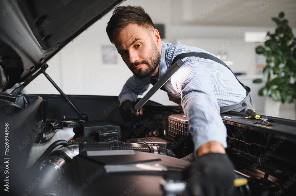 Aufkleber Troubleshooting process. Auto mechanic working in garage. Repair service
