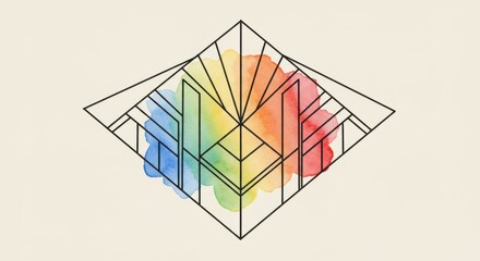 Geometric rainbow burst framed in black precise art deco edge