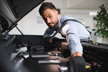Troubleshooting process. Auto mechanic working in garage. Repair service