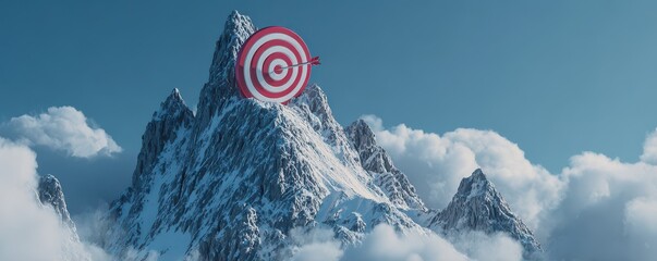 Bullseye Target on Mountain Peak Surrounded by Clouds in Clear Blue Sky