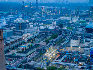 Aerial photography of a large petrochemical refinery at night