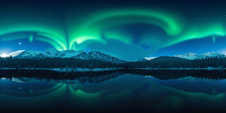 Spectacular aurora borealis shimmering above tranquil lake - Equirectangular 360 degree landscape