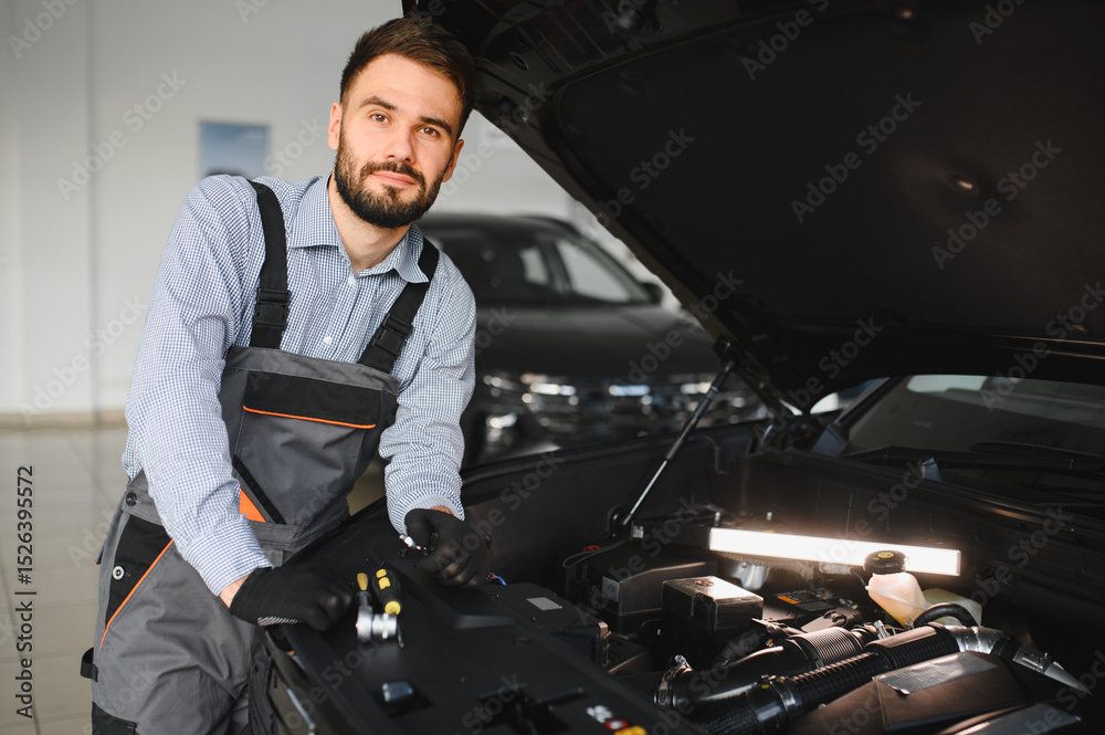 Poster troubleshooting process. auto mechanic working in garage. repair service
