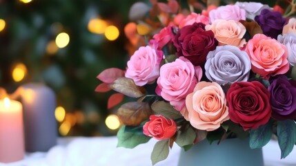 Colorful bouquet of roses arranged elegantly in a soft light setting