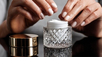 Luxurious Skincare Routine: Applying Cream from Elegant Glass Jar for Radiant and Nourished Skin