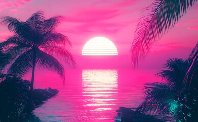Naklejka premium Vibrant Twilight Panorama: A Breathtaking Vision of a sea Under a Pink Sun, Surrounded by a Rich Purple Ambiance, Offering a Captivating Display of Natural Splendor and Atmospheric Depth.