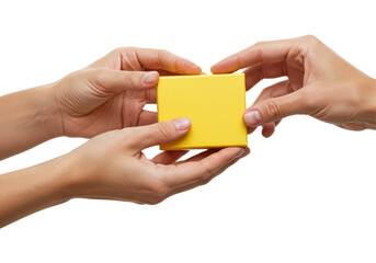 Isolated Hands Gently Passing a Small Yellow Gift Box