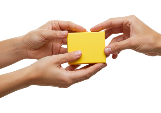 Isolated Hands Gently Passing a Small Yellow Gift Box