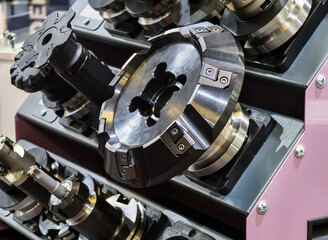 High-quality precision tools are neatly arranged on racks in a machining workshop