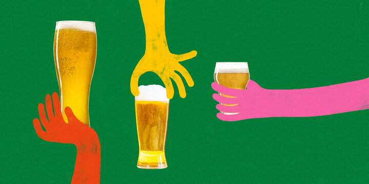 Three colorful hands holding beer glasses with foam on green background. Conceptual art collage. Flat folk design. Concept of group cheers, fun beer toast, friendly party mood, summer fest