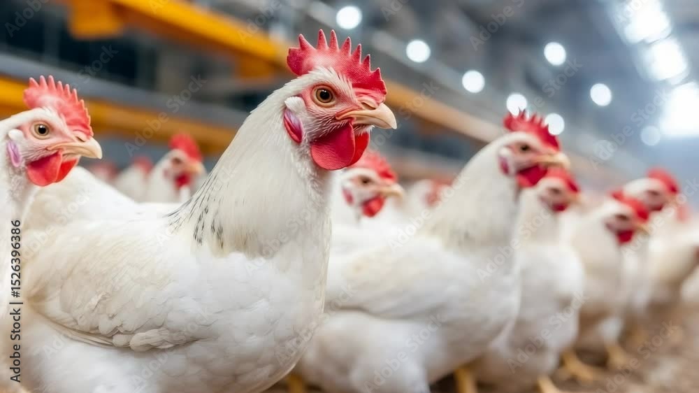 Poster white chickens clustered tightly in spacious breeding farm environment, pecking and standing near ea