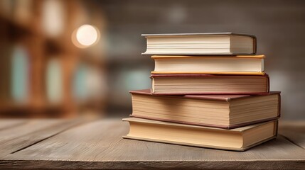 Neat stack of school books on a wooden desk, symbolizing focus and organized learning.
