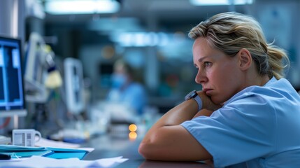 Exhausted female physician leaning head on crossed arms, revealing emotional and physical strain during intense medical workplace environment after long hospital shift