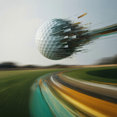 Abstract photo: Fragmented golf ball streaks over blurred fairway. Dynamic motion, minimalist background. Abstract Expressionism.