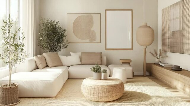 Japandi and Scandinavian fusion living room with clean lines and natural textures
