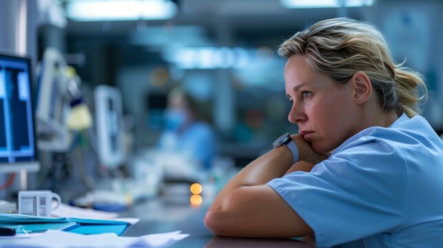 Exhausted female physician leaning head on crossed arms, revealing emotional and physical strain during intense medical workplace environment after long hospital shift